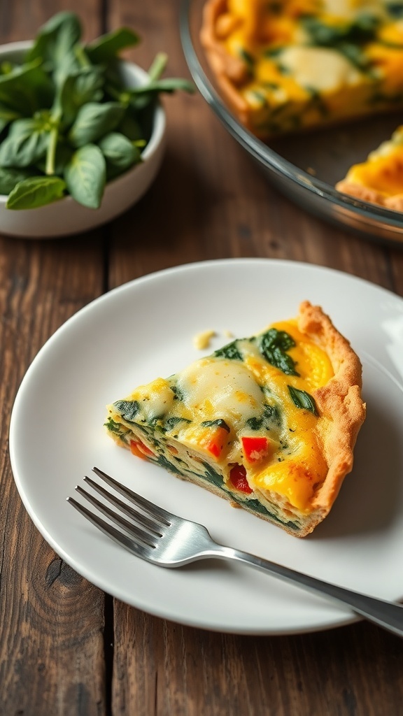 A slice of crustless quiche with vegetables and cheese on a plate, served with a side of greens.